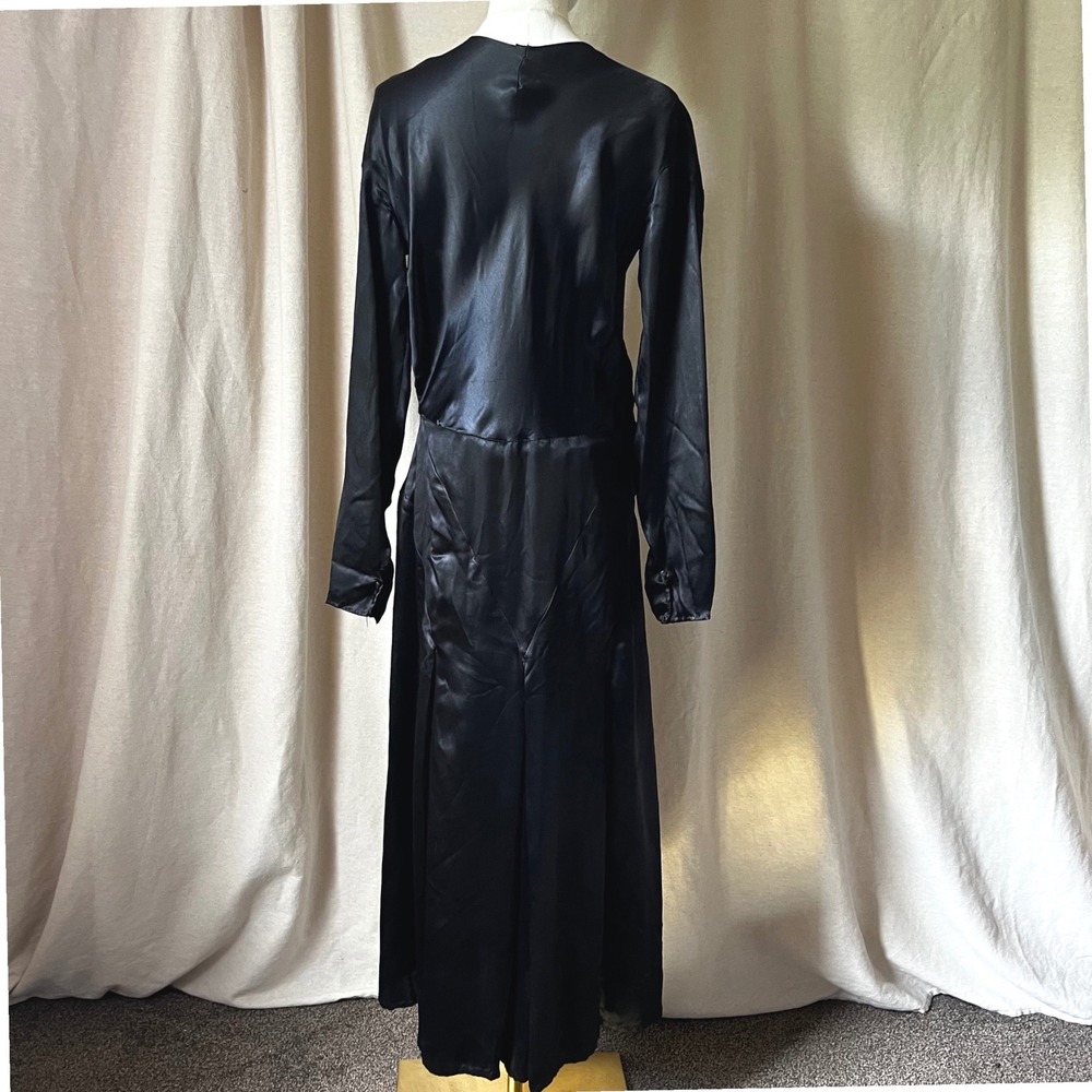 Antique 1910s Black Silk Satin Dress Edwardian Puff Sleeve Button Front Gown S/M - Picture 4 of 9